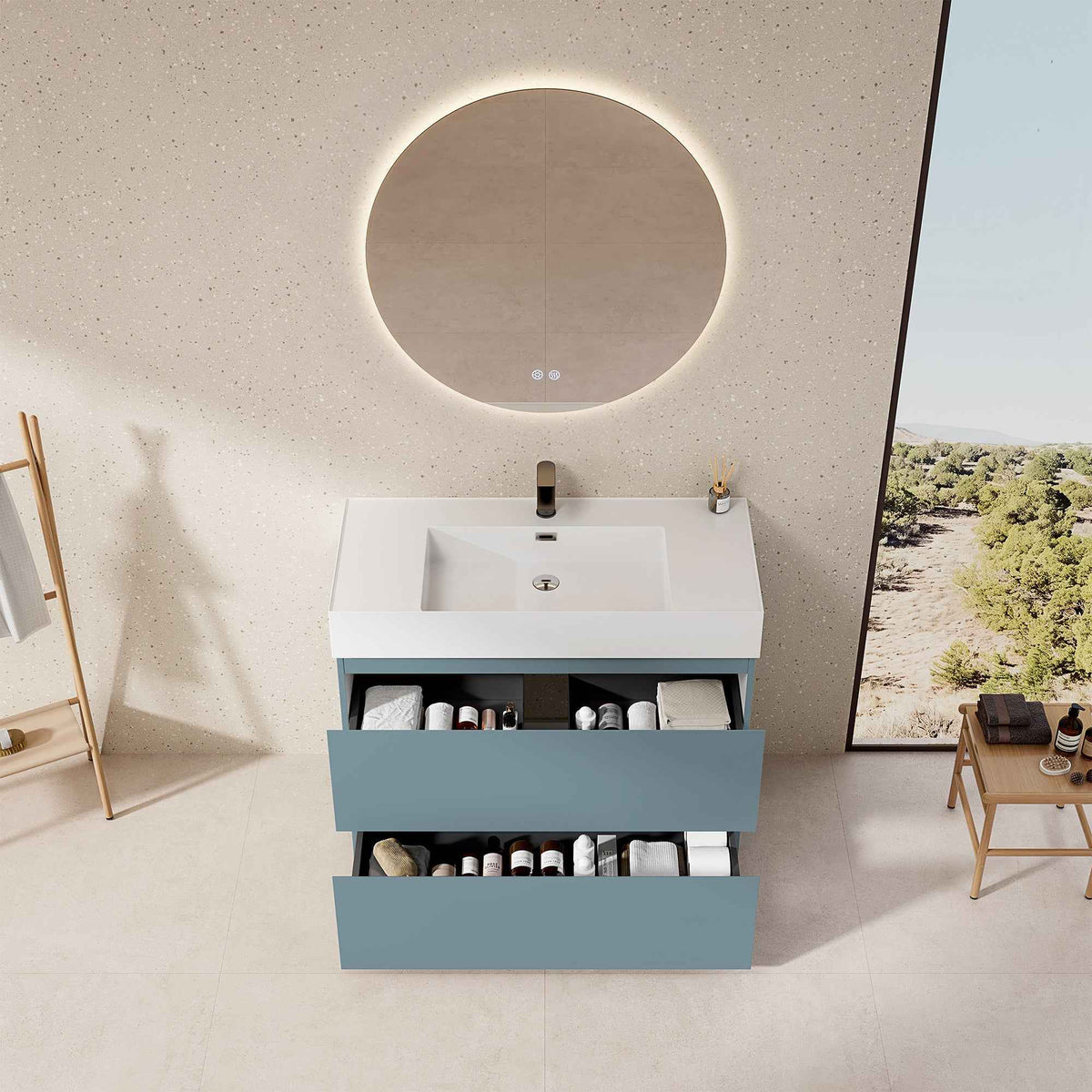 Mobile bagno a Terra 100 cm Blu Avio Lavabo in Resina Specchio Quadro - Nube Paint