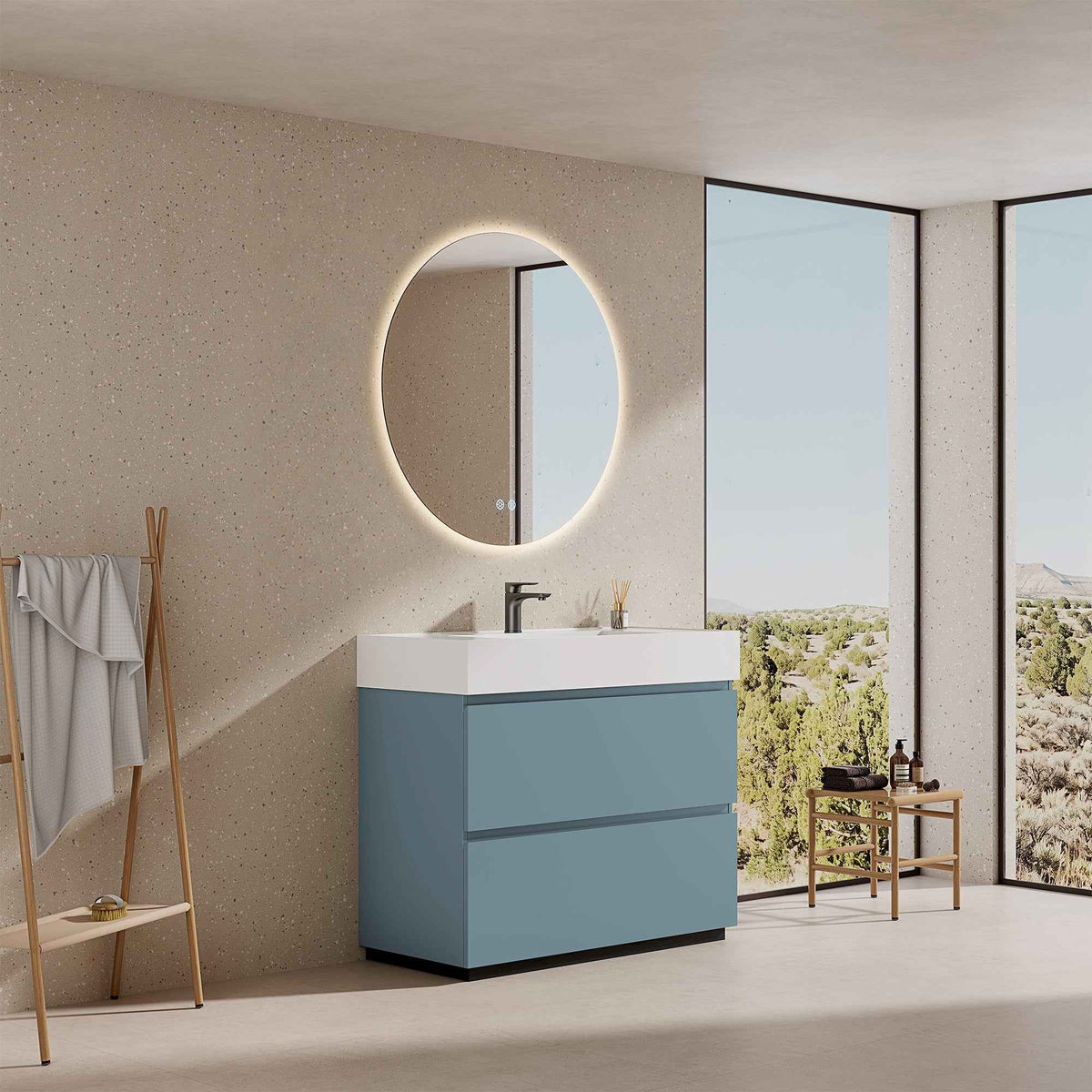 Mobile bagno a Terra 100 cm Blu Avio Lavabo in Resina Specchio Quadro - Nube Paint