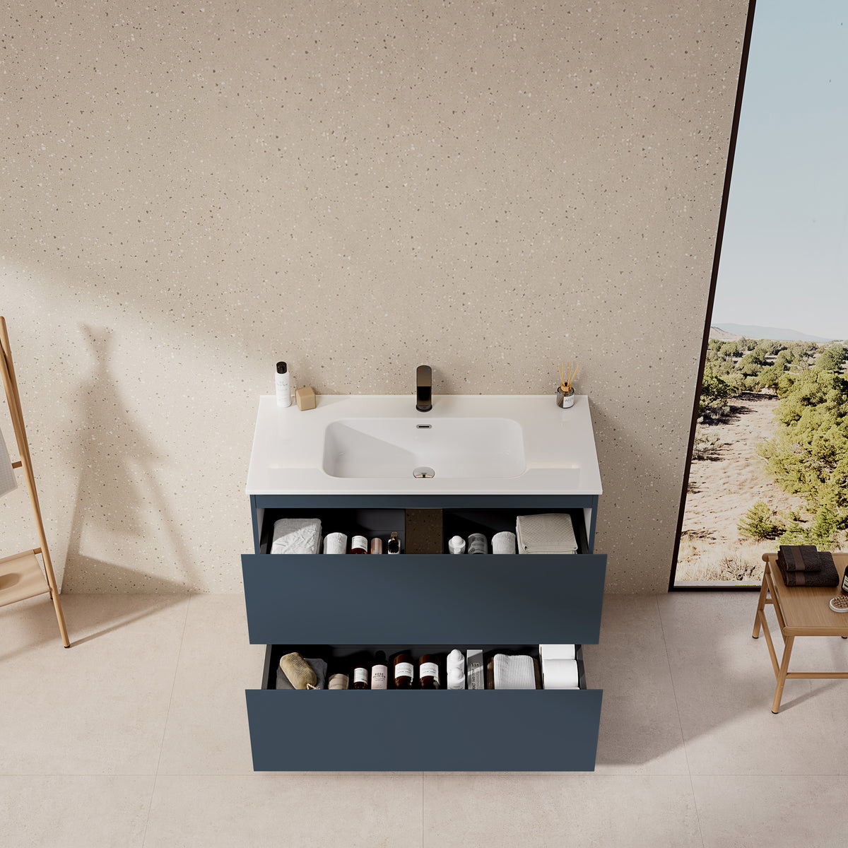 Mobile bagno a Terra 100 cm Blu Mare Lavabo in Ceramica Senza Specchio - Nube Paint