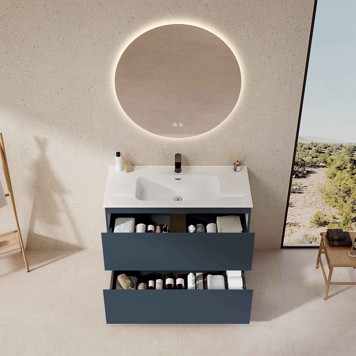 Mobile bagno a Terra 100 cm Blu Mare Lavabo in Ceramica Specchio Quadro - Nube Paint
