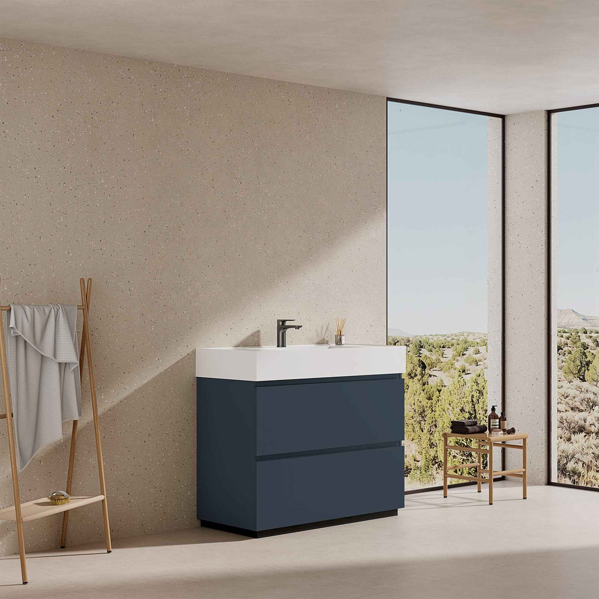 Mobile bagno a Terra 100 cm Blu Mare Lavabo in Resina Senza Specchio - Nube Paint