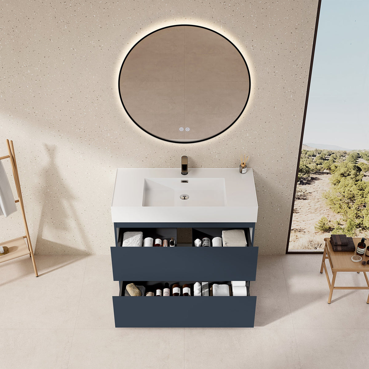 Mobile bagno a Terra 100 cm Blu Mare Lavabo in Resina Specchio Tondo Retroilluminato Profilo Nero - Nube Paint