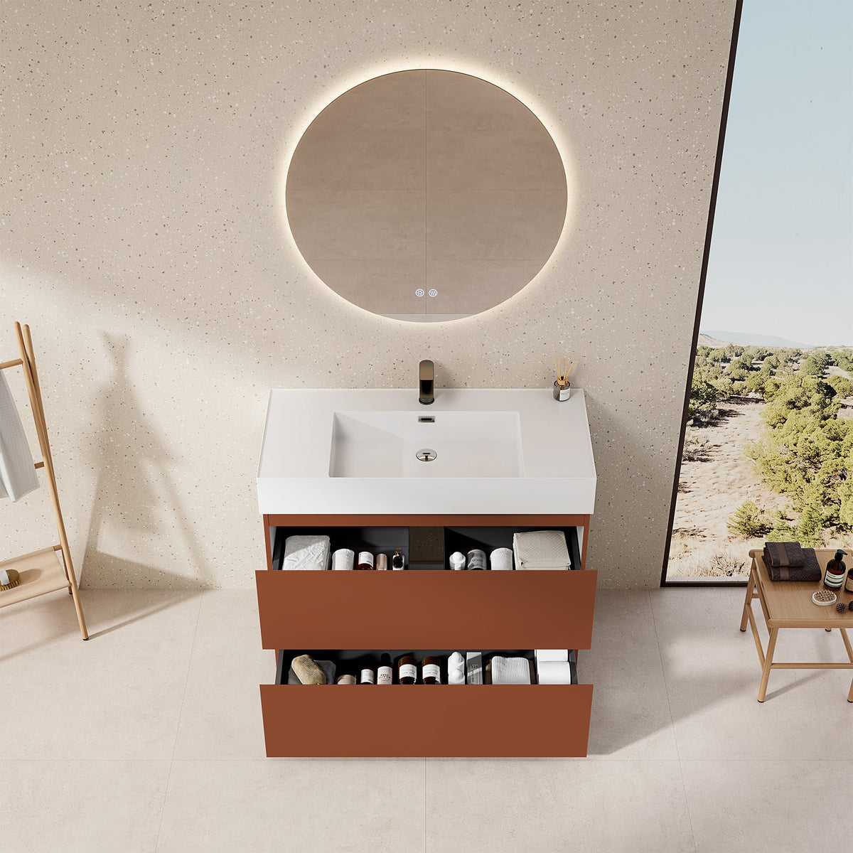 Mobile bagno a Terra 100 cm Cotto Contemporaneo Lavabo in Resina Specchio Tondo Retroilluminato - Nube Paint