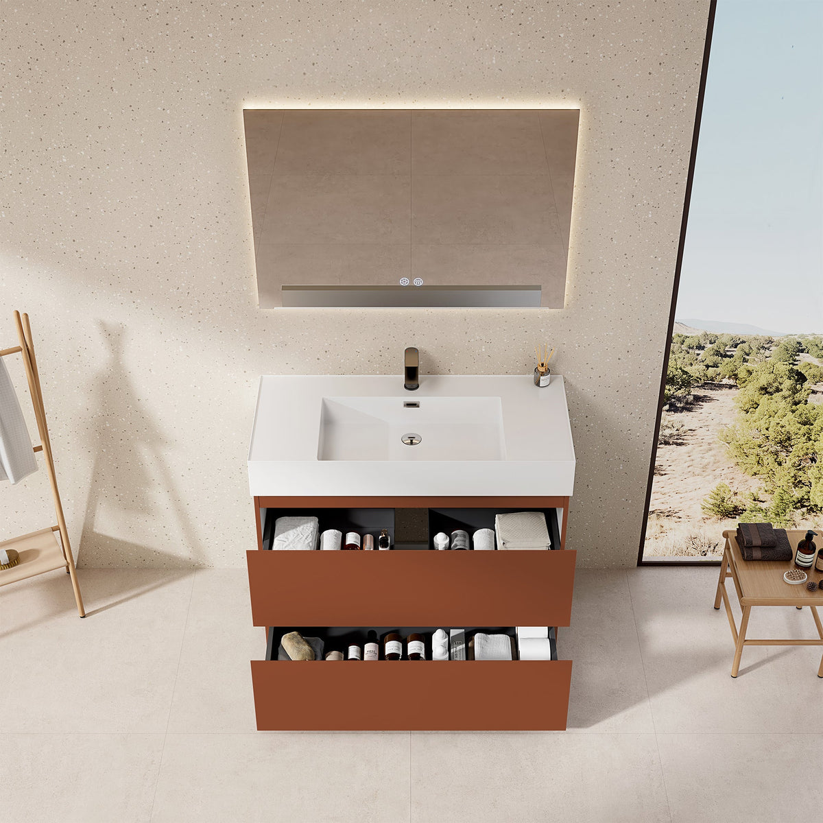 Mobile bagno a Terra 100 cm Cotto Contemporaneo Lavabo in Resina Specchio Quadro Retroilluminato - Nube Paint