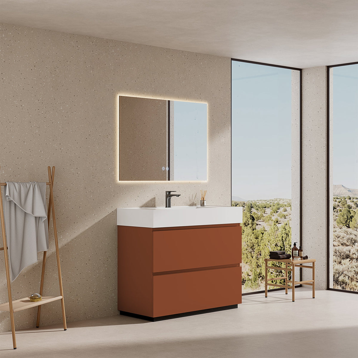 Mobile bagno a Terra 100 cm Cotto Contemporaneo Lavabo in Resina Specchio Quadro Retroilluminato - Nube Paint