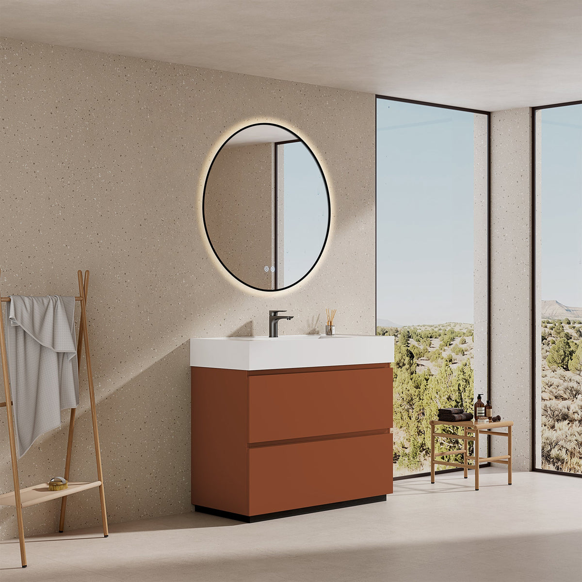 Mobile bagno a Terra 100 cm Cotto Contemporaneo Lavabo in Resina Specchio Tondo Retroilluminato Profilo Nero - Nube Paint