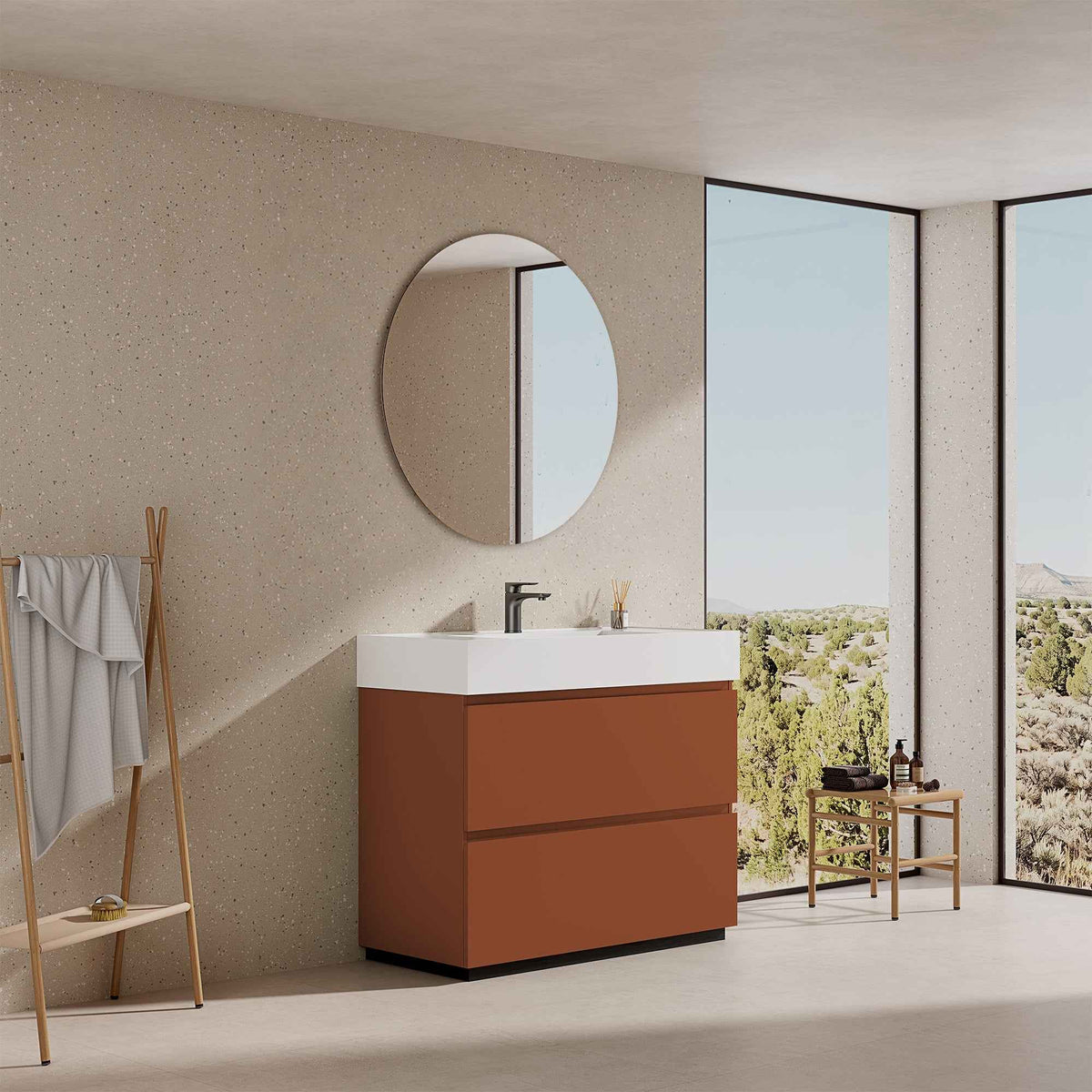 Mobile bagno a Terra 100 cm Cotto Contemporaneo Lavabo in Resina Specchio Tondo - Nube Paint