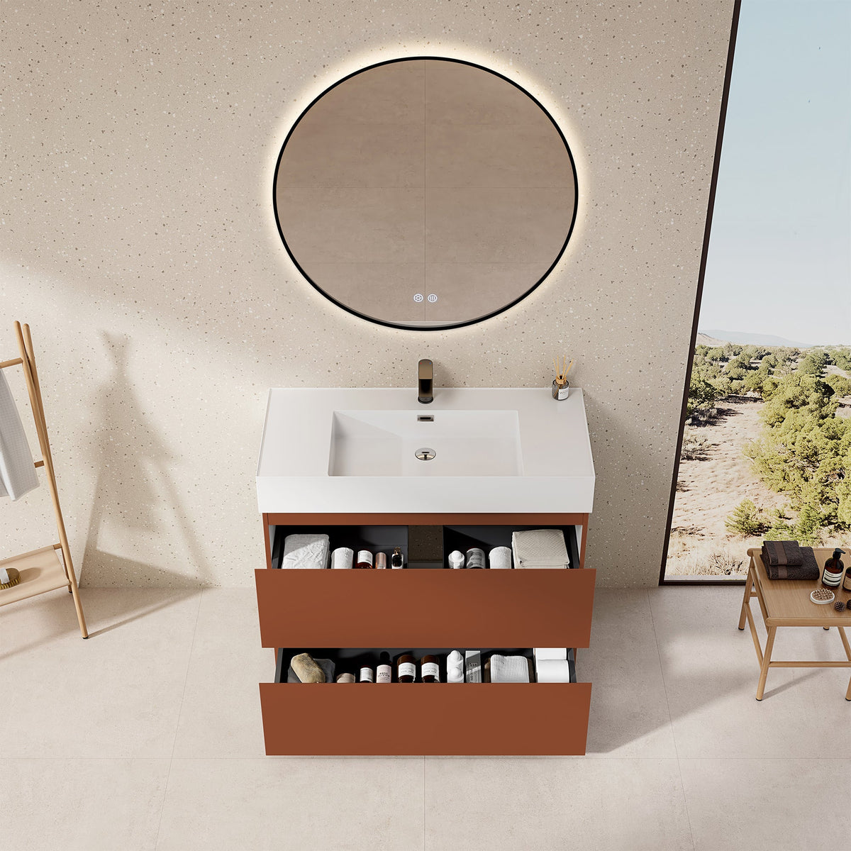 Mobile bagno a Terra 100 cm Cotto Contemporaneo Lavabo in Resina Specchio Tondo Retroilluminato Profilo Nero - Nube Paint