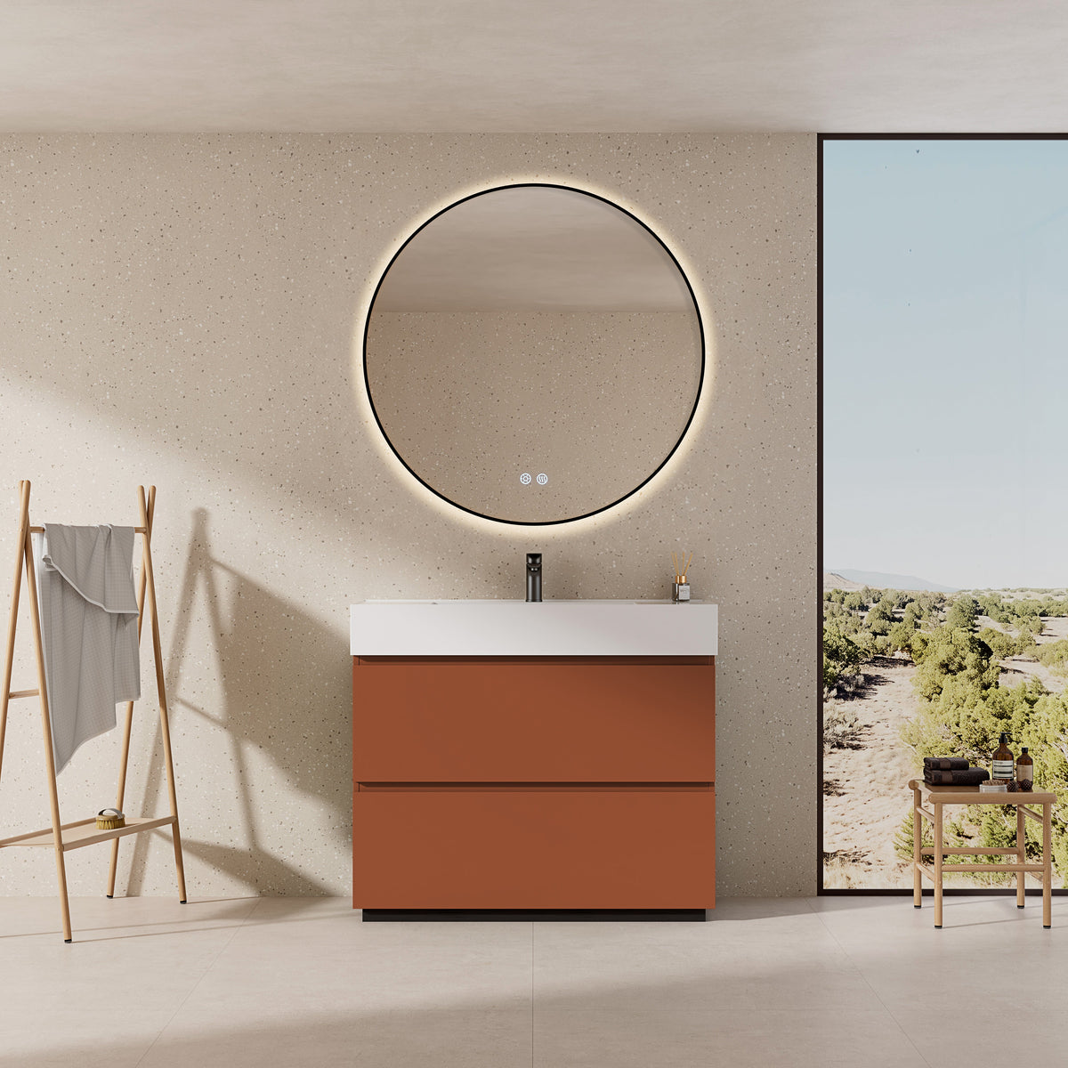 Mobile bagno a Terra 100 cm Cotto Contemporaneo Lavabo in Resina Specchio Tondo Retroilluminato Profilo Nero - Nube Paint