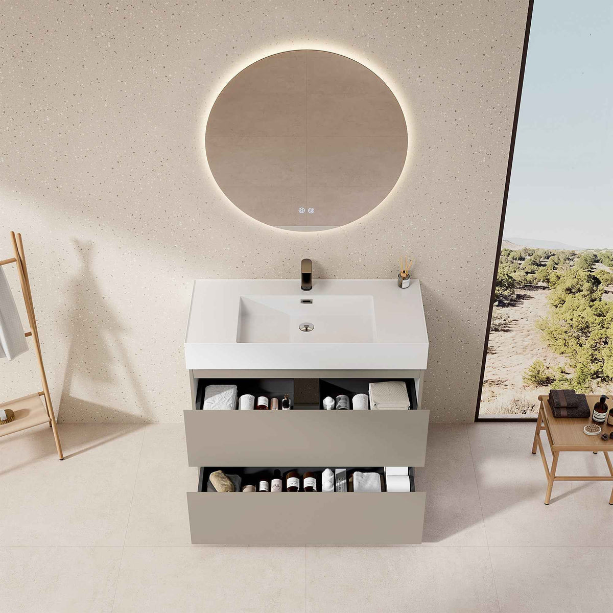 Mobile bagno a Terra 100 cm Grigio Cenere Lavabo in Resina Specchio Quadro - Nube Paint