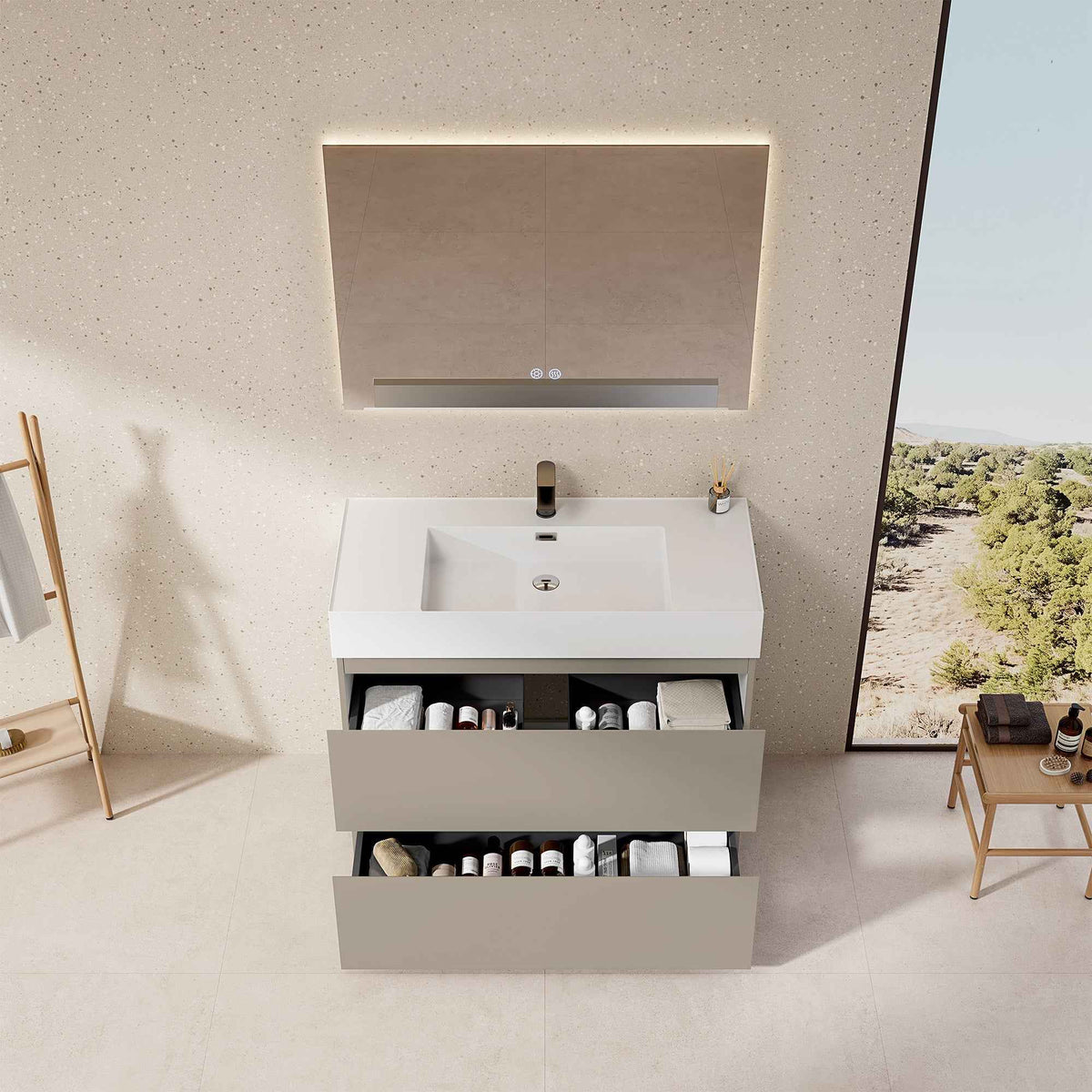 Mobile bagno a Terra 100 cm Grigio Cenere Lavabo in Resina Specchio Quadro Retroilluminato - Nube Paint