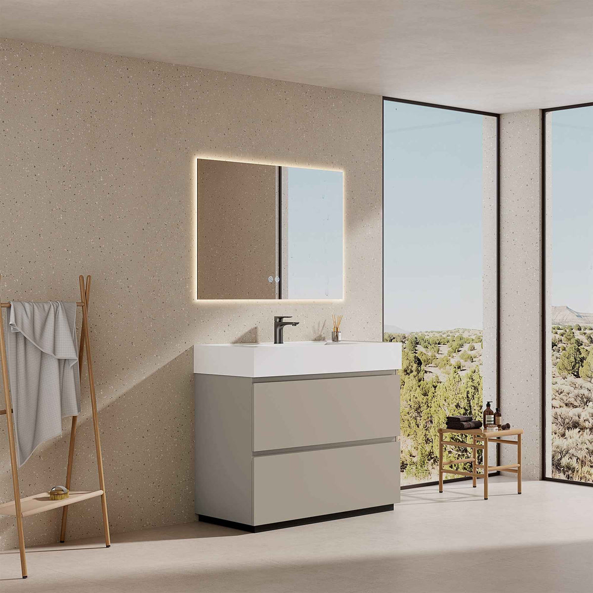 Mobile bagno a Terra 100 cm Grigio Cenere Lavabo in Resina Specchio Quadro Retroilluminato - Nube Paint