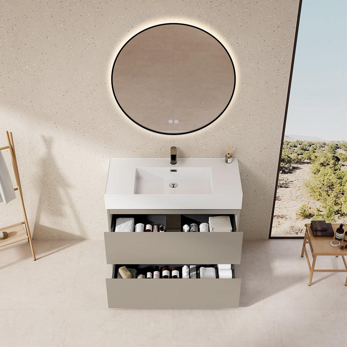Mobile bagno a Terra 100 cm Grigio Cenere Lavabo in Resina Specchio Tondo Retroilluminato Profilo Nero - Nube Paint