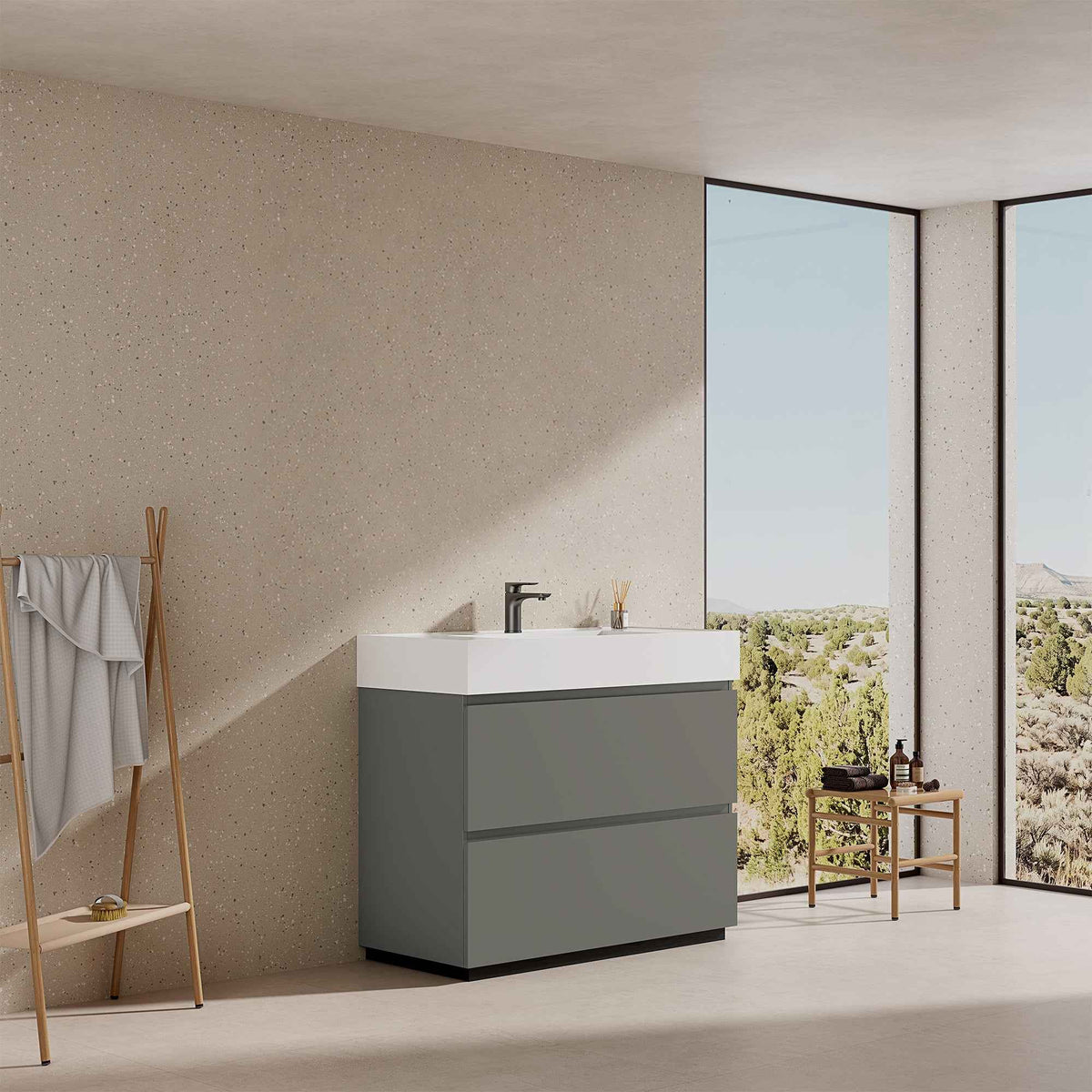 Mobile bagno a Terra 100 cm Grigio Londra Lavabo in Resina Senza Specchio - Nube Paint