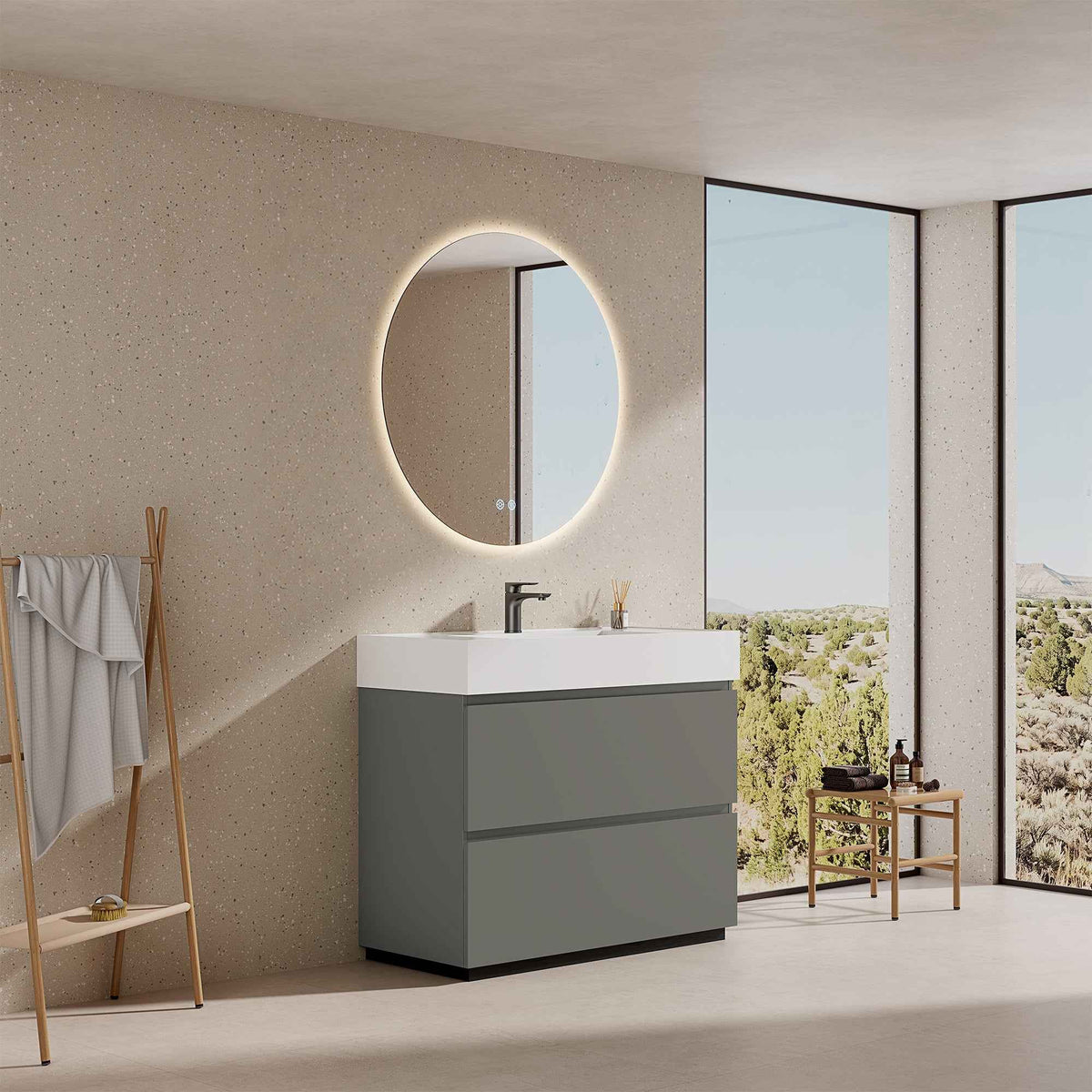Mobile bagno a Terra 100 cm Grigio Londra Lavabo in Resina Specchio Quadro - Nube Paint