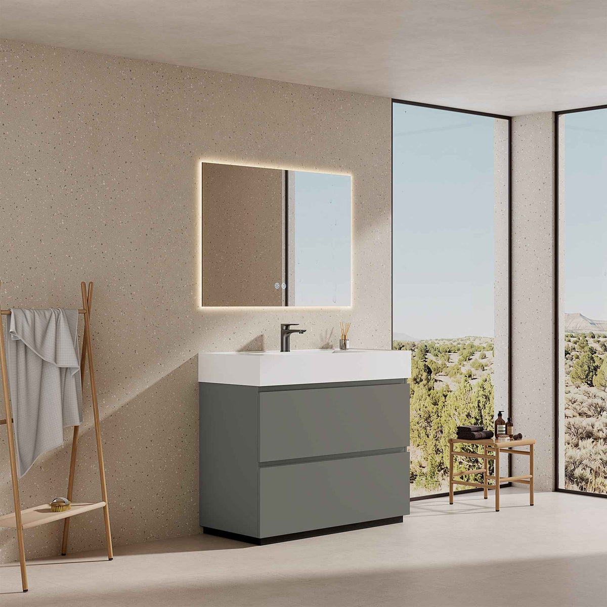 Mobile bagno a Terra 100 cm Grigio Londra Lavabo in Resina Specchio Quadro Retroilluminato - Nube Paint