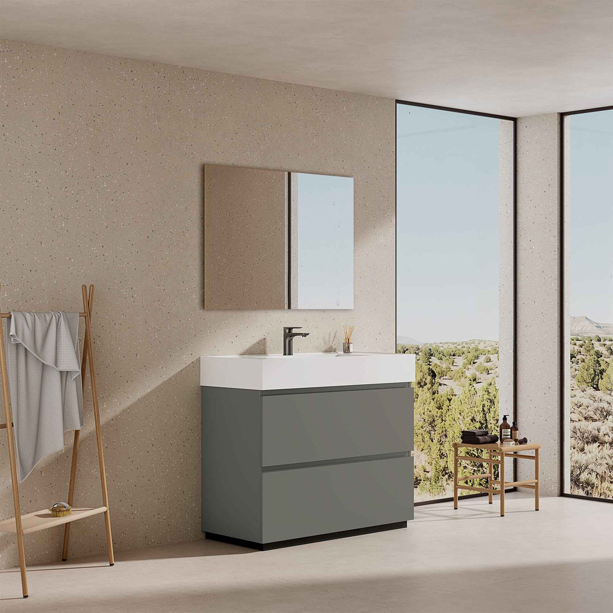 Mobile bagno a Terra 100 cm Grigio Londra Lavabo in Resina Specchio Tondo Retroilluminato - Nube Paint
