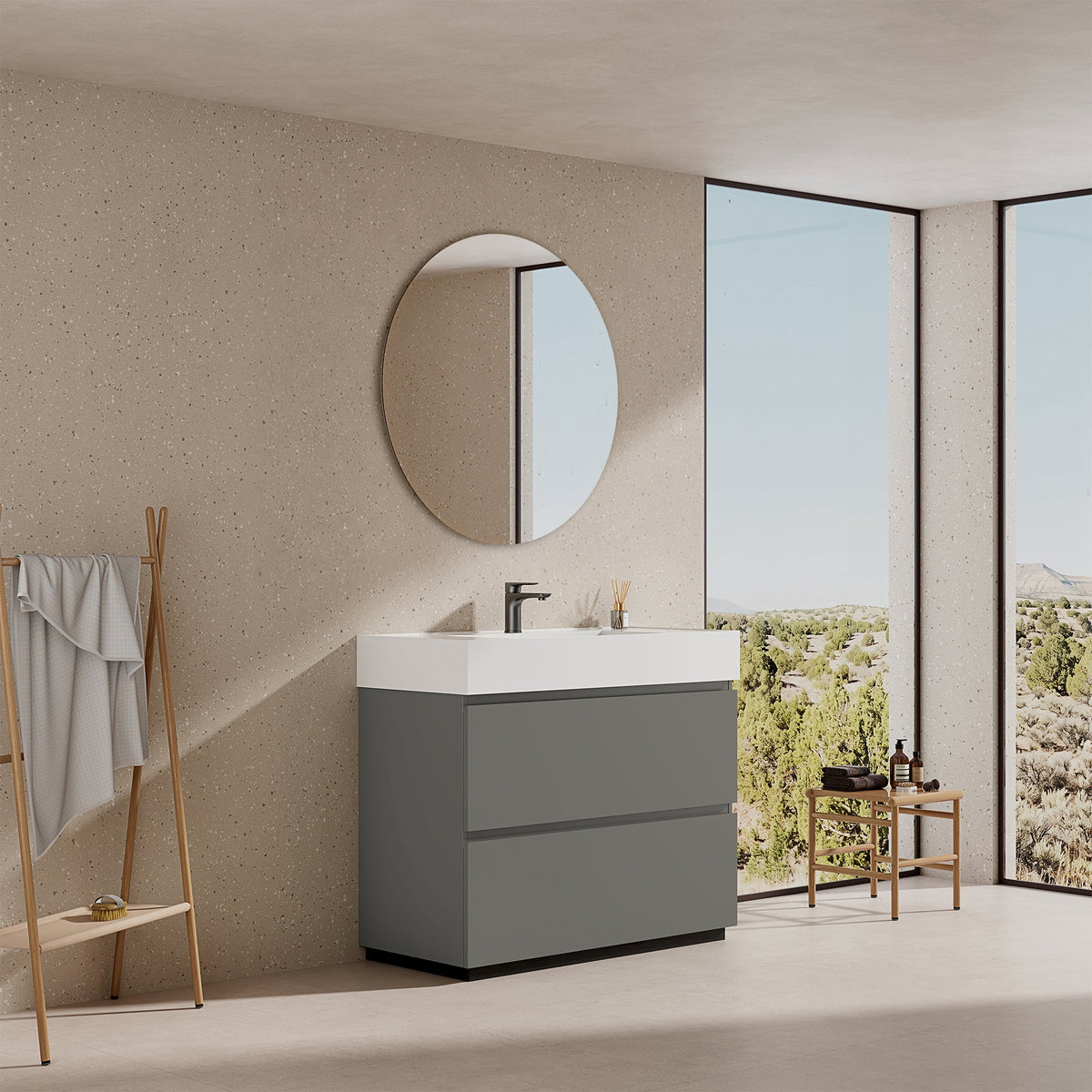 Mobile bagno a Terra 100 cm Grigio Londra Lavabo in Resina Specchio Tondo - Nube Paint