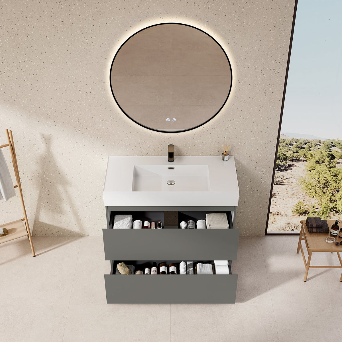 Mobile bagno a Terra 100 cm Grigio Londra Lavabo in Resina Specchio Tondo Retroilluminato Profilo Nero - Nube Paint