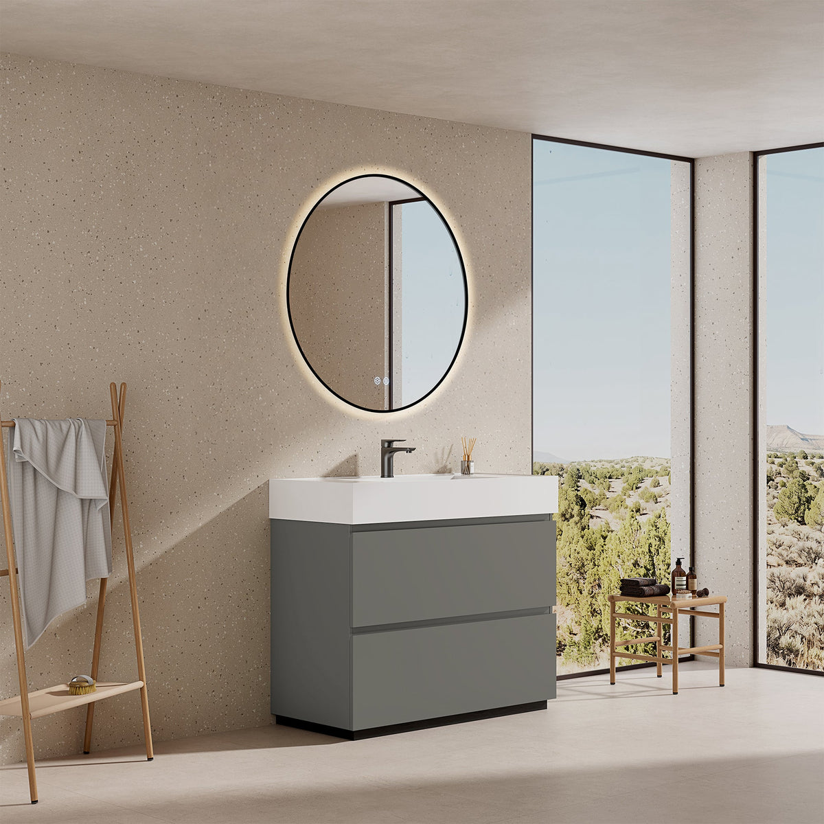 Mobile bagno a Terra 100 cm Grigio Londra Lavabo in Resina Specchio Tondo Retroilluminato Profilo Nero - Nube Paint