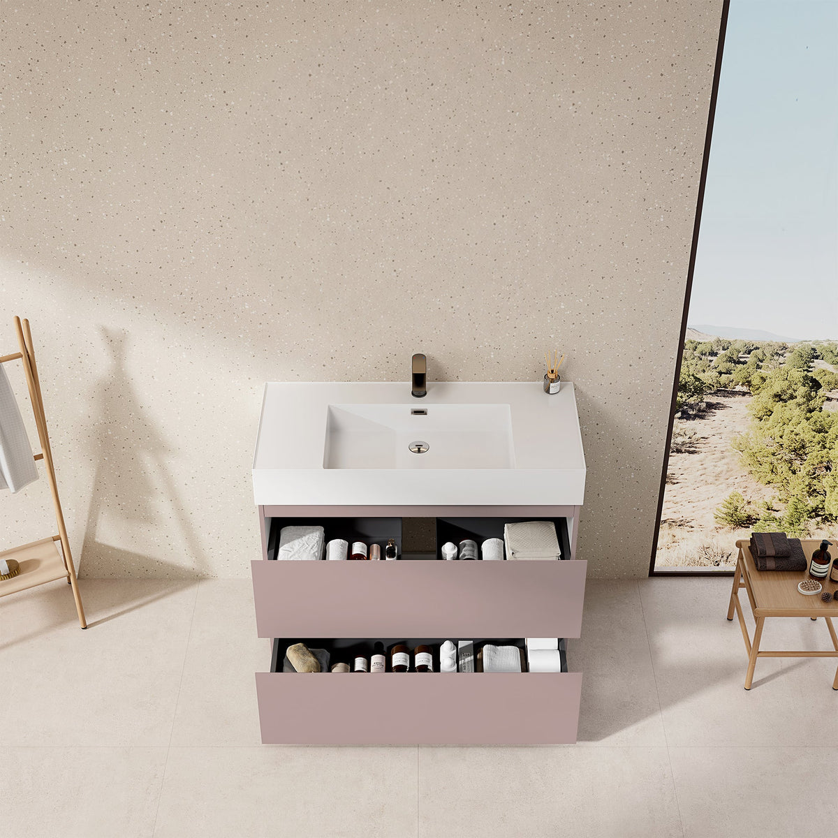 Mobile bagno a Terra 100 cm Rosa Retrò Lavabo in Resina Senza Specchio - Nube Paint