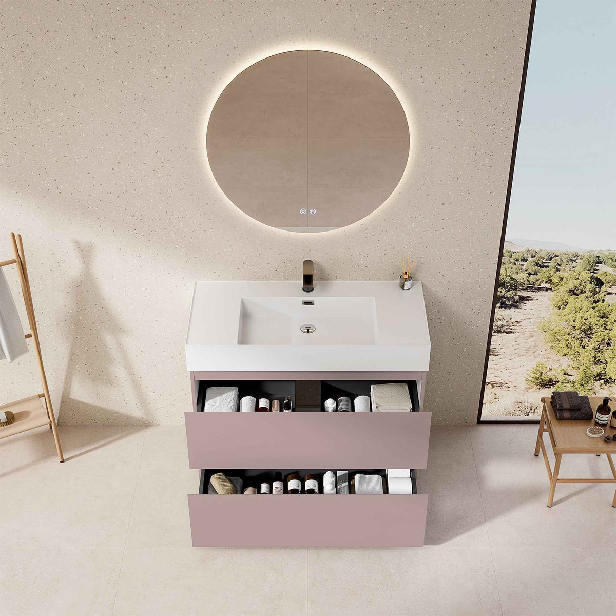 Mobile bagno a Terra 100 cm Rosa Retrò Lavabo in Resina Specchio Quadro - Nube Paint