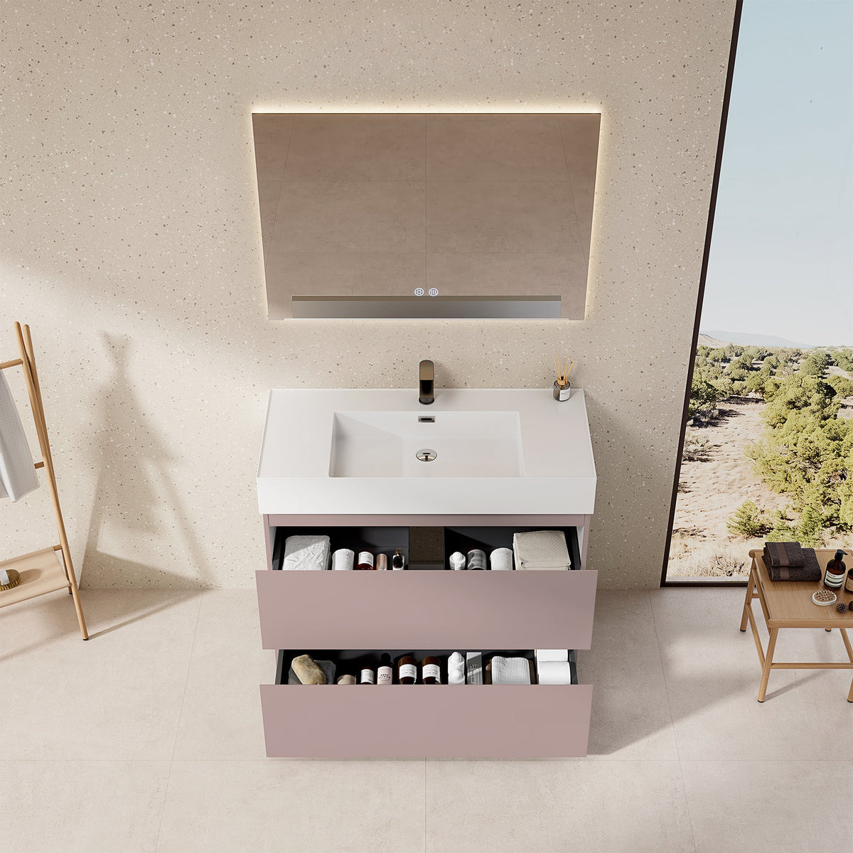 Mobile bagno a Terra 100 cm Rosa Retrò Lavabo in Resina Specchio Quadro Retroilluminato - Nube Paint