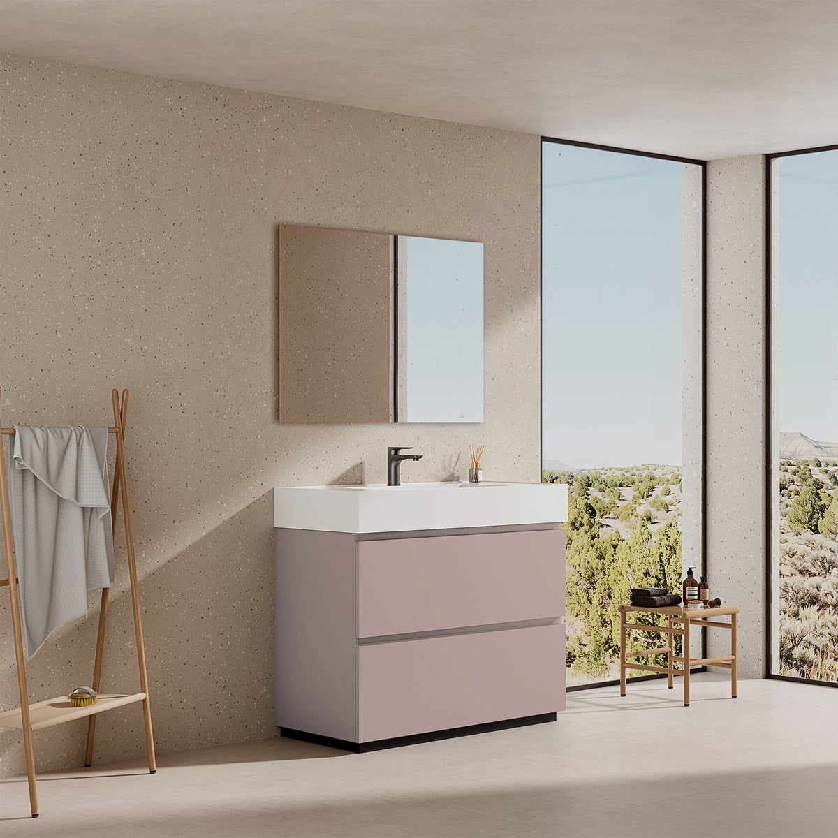 Mobile bagno a Terra 100 cm Rosa Retrò Lavabo in Resina Specchio Quadro - Nube Paint