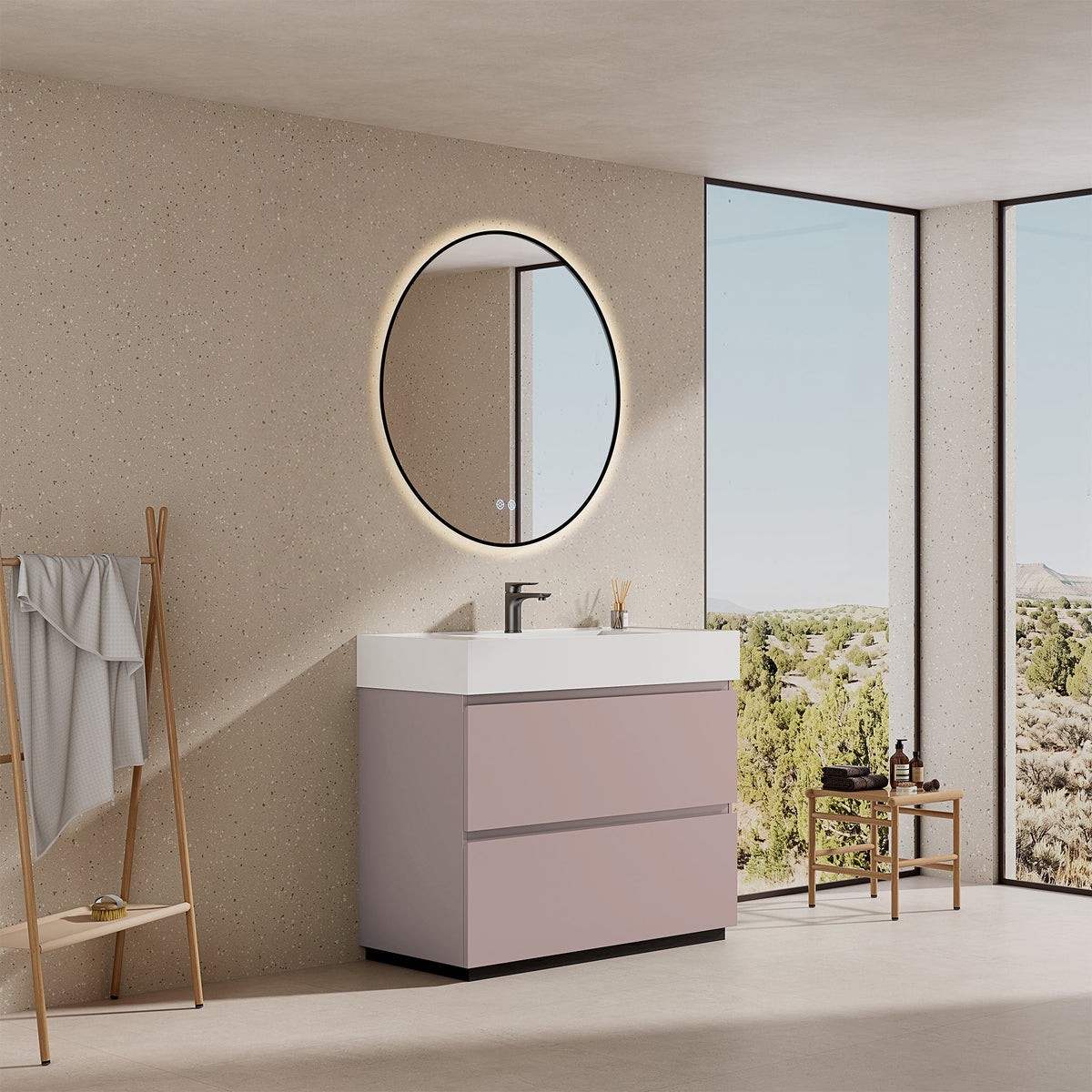 Mobile bagno a Terra 100 cm Rosa Retrò Lavabo in Resina Specchio Tondo Retroilluminato Profilo Nero - Nube Paint