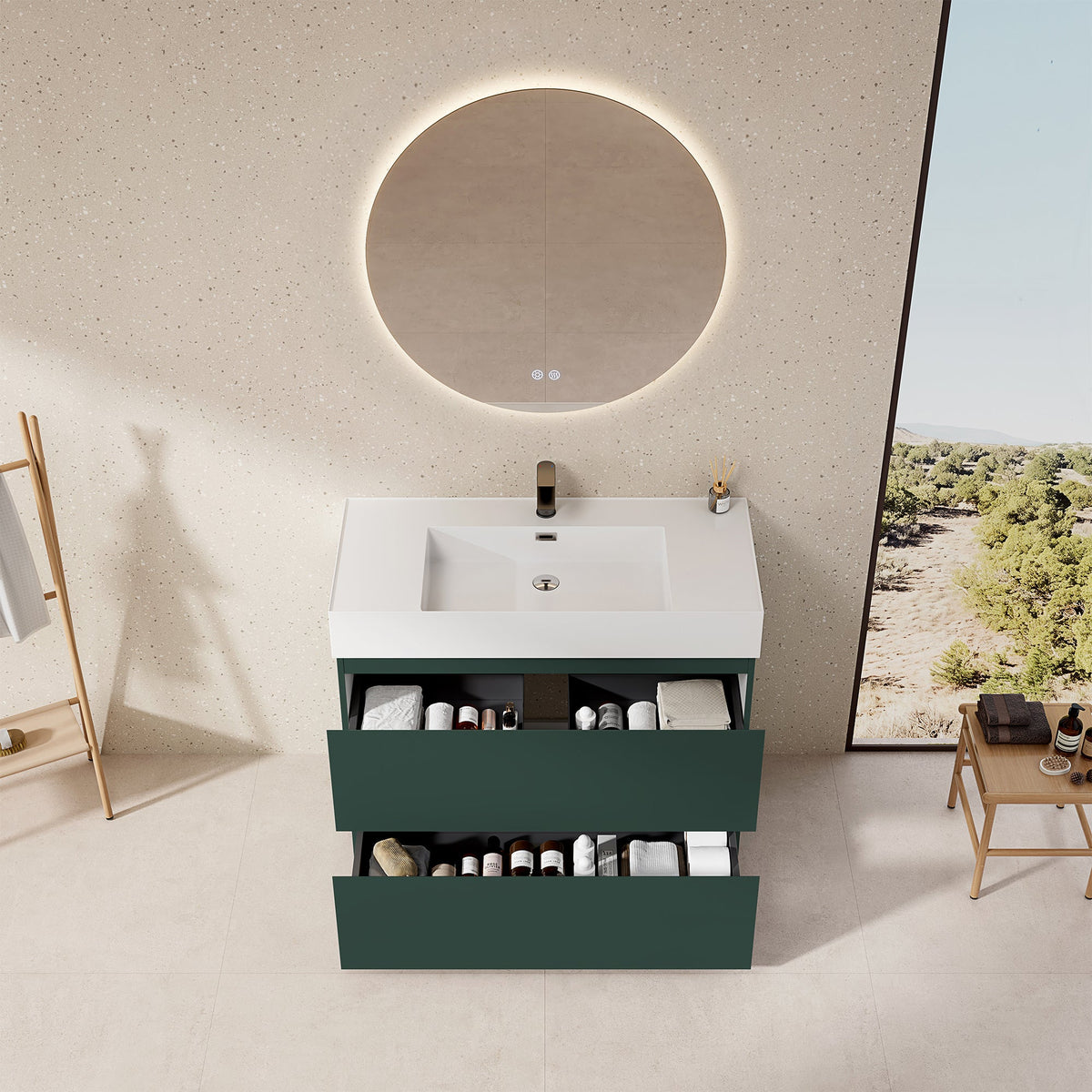 Mobile bagno a terra 100 cm verde comodoro con lavabo in resina e specchio rotondo.