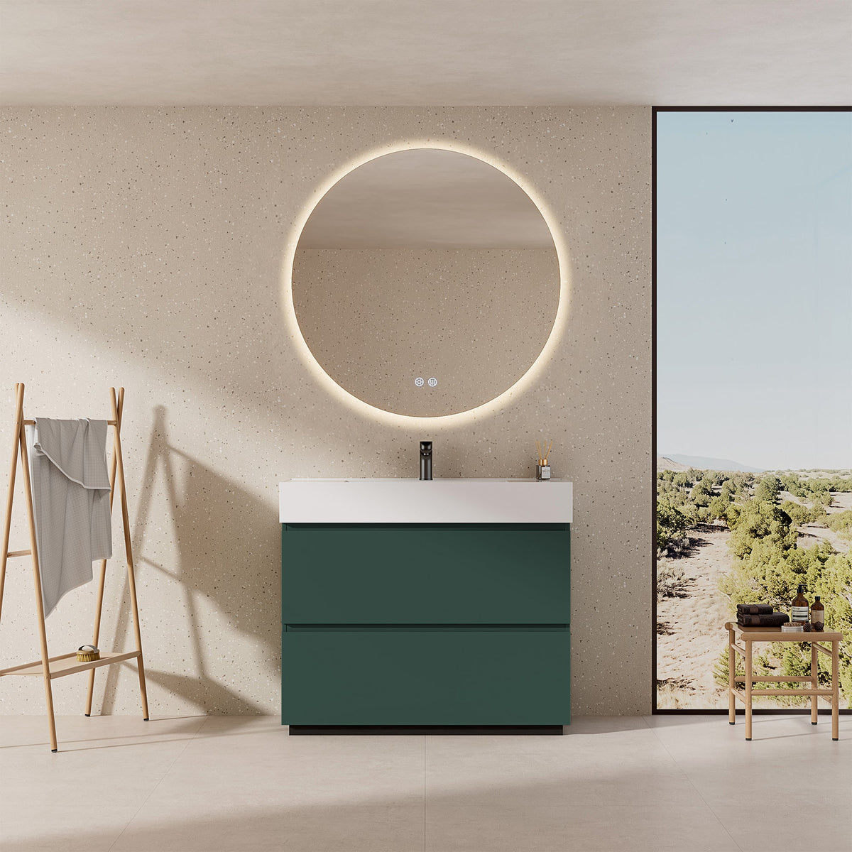 Mobile bagno a terra 100 cm verde comodoro con lavabo in resina e specchio rotondo - Nube Paint.