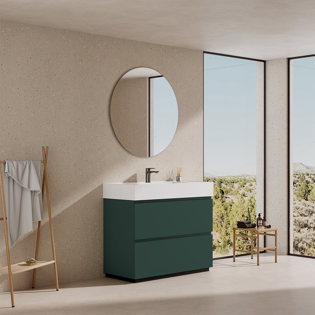Mobile bagno a Terra 100 cm Verde Comodoro Lavabo in Resina Specchio Tondo - Nube Paint