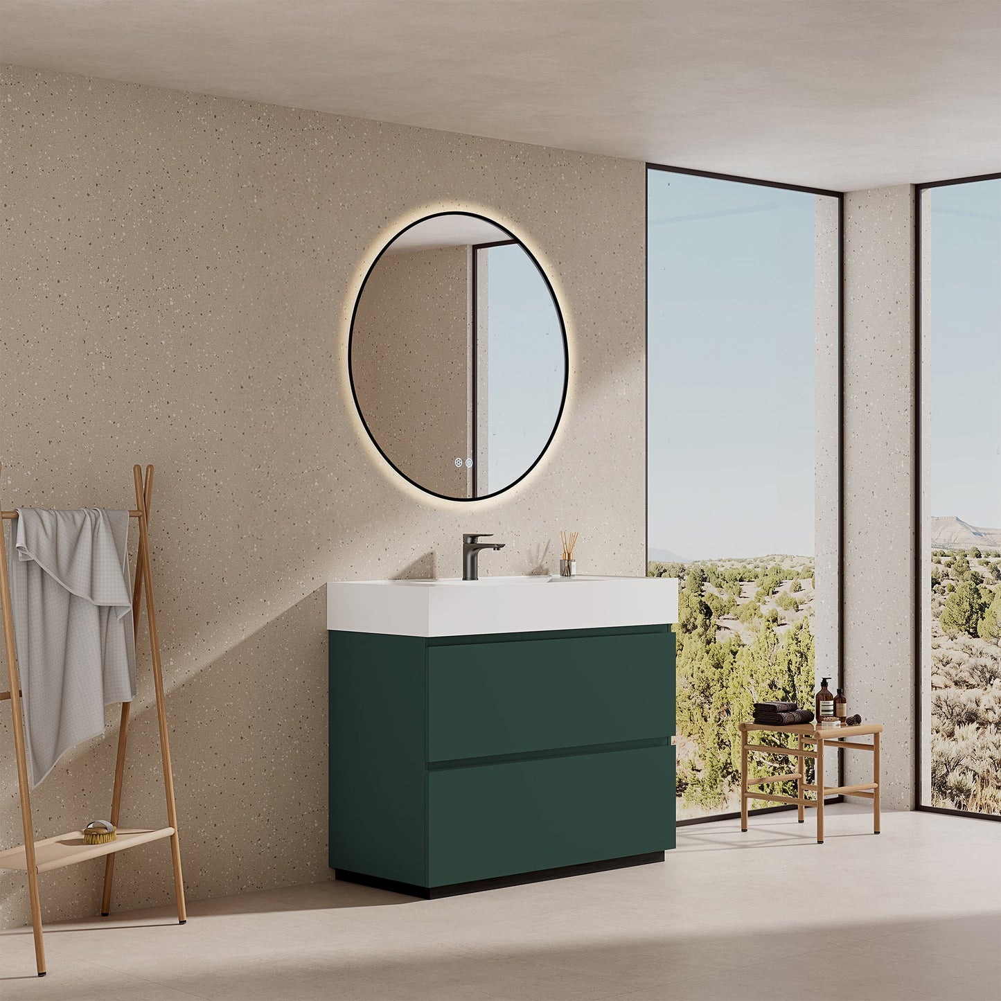 Mobile bagno a terra verde comodoro 100 cm con lavabo e specchio tondo retroilluminato.