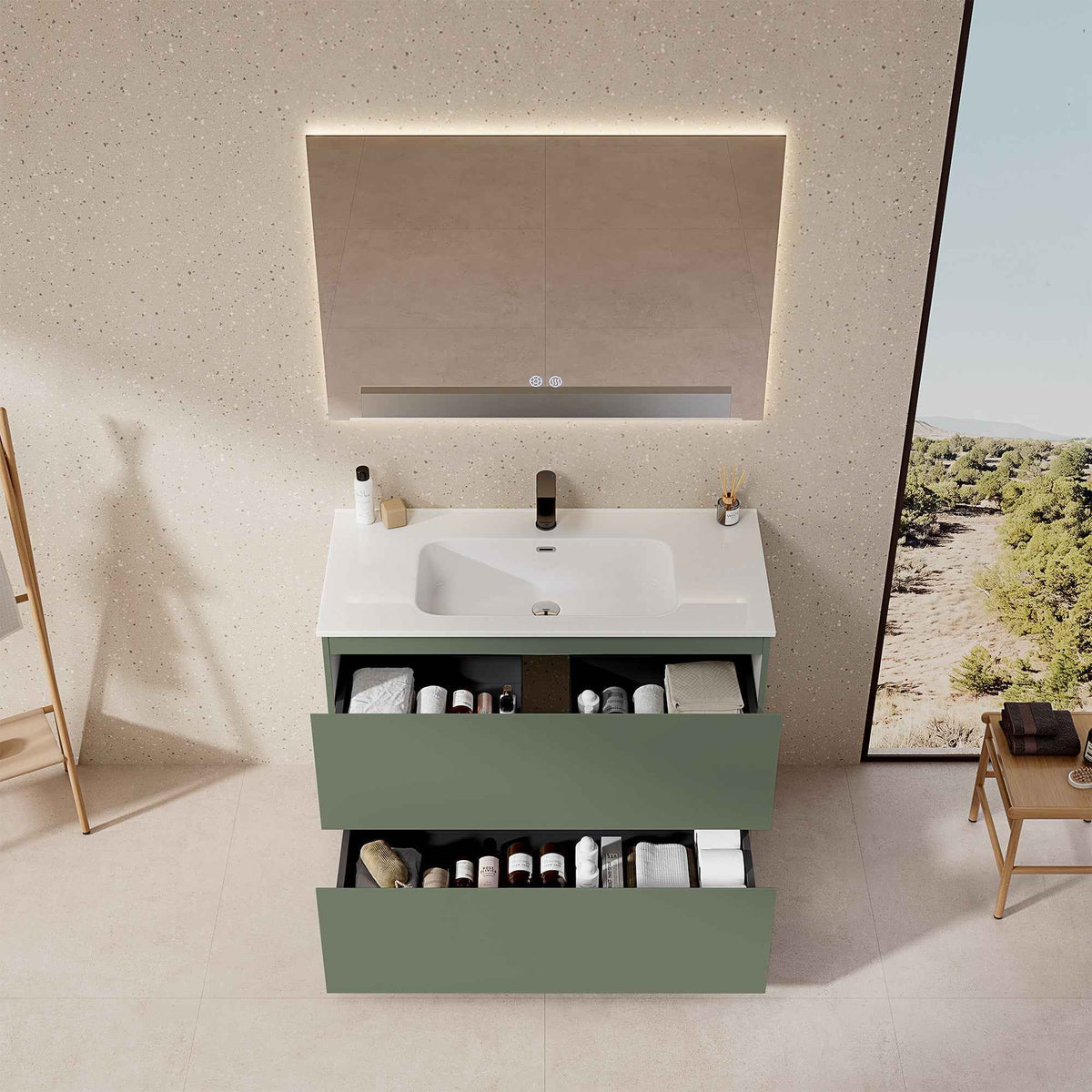 Mobile bagno a Terra 100 cm Verde Salvia Lavabo in Ceramica Specchio Quadro Retroilluminato - Nube Paint