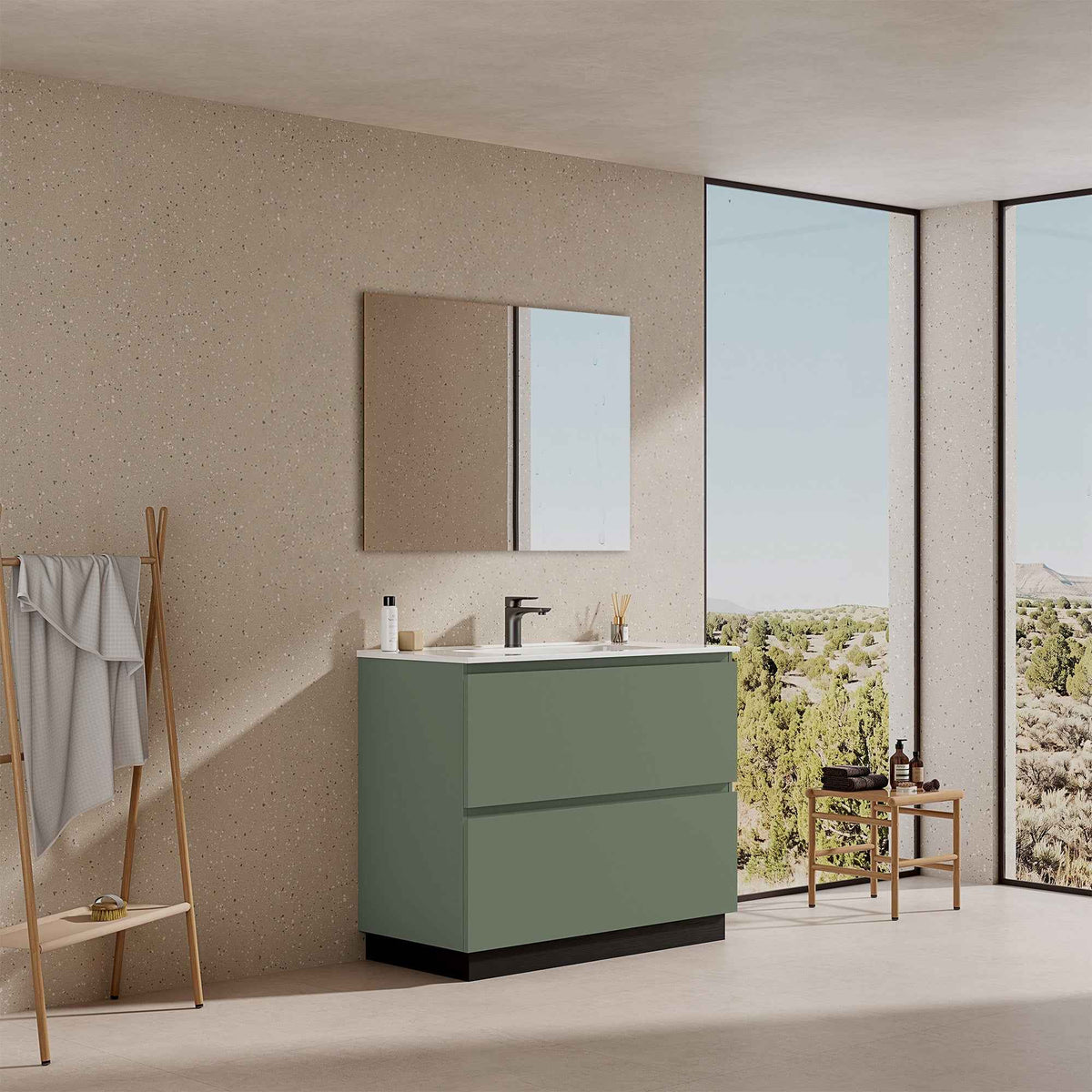 Mobile bagno a Terra 100 cm Verde Salvia Lavabo in Ceramica Specchio Tondo Retroilluminato - Nube Paint