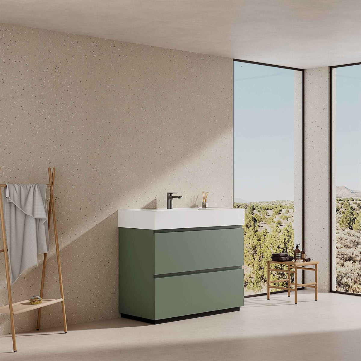 Mobile bagno a terra 100 cm verde salvia con lavabo in resina e design contemporaneo.