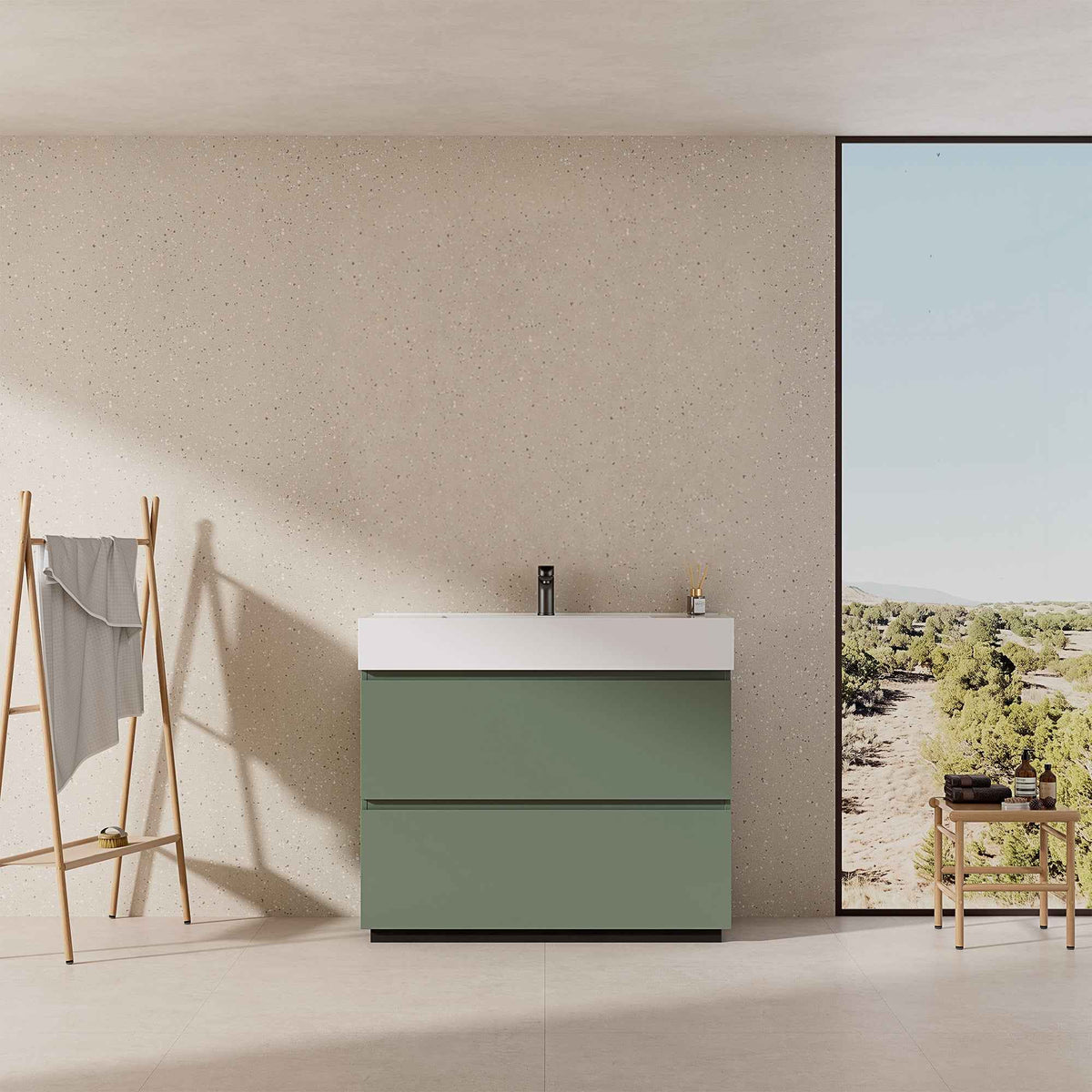 Mobile bagno a terra 100 cm verde salvia con lavabo in resina e design contemporaneo.