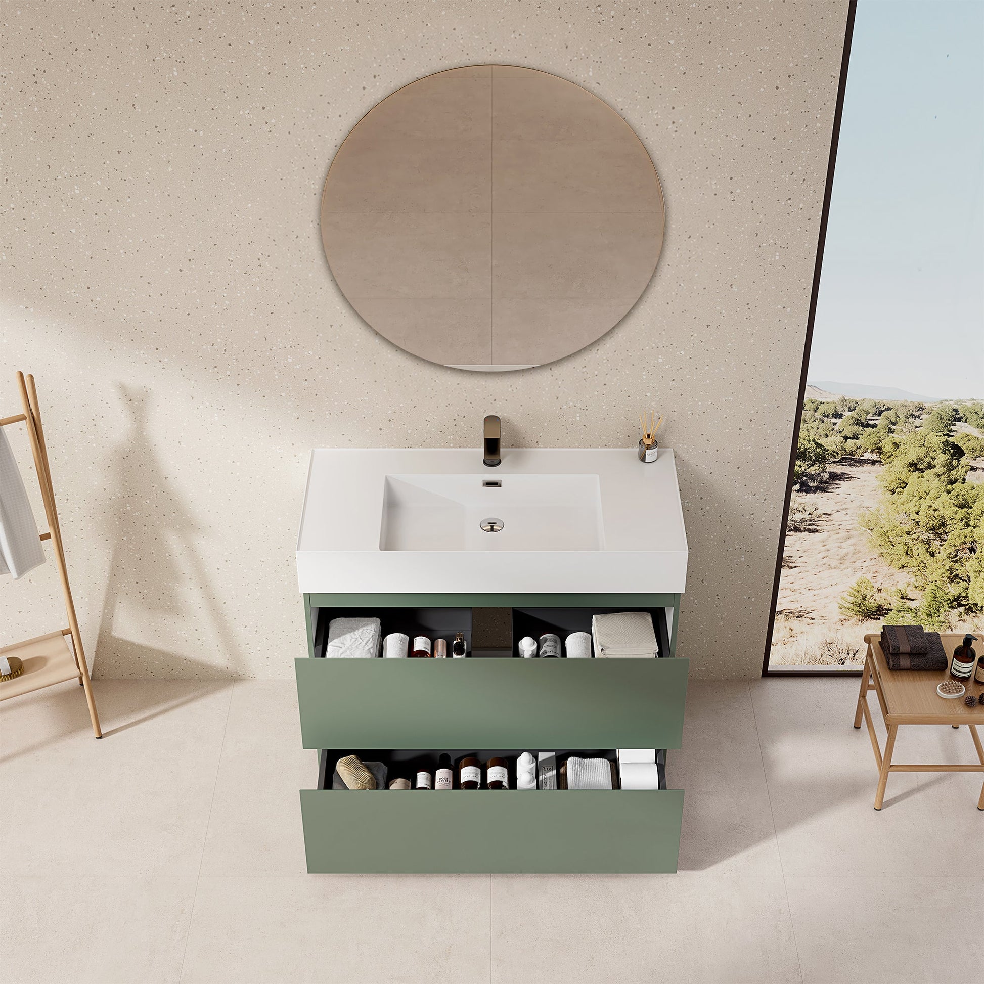 Mobile bagno a terra Verde Salvia con lavabo in resina, design moderno e funzionale con specchio tondo.