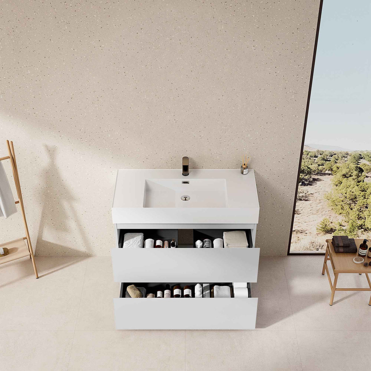 Mobile bagno a Terra 80 cm Bianco Lavabo in Resina Senza Specchio - Nube Paint