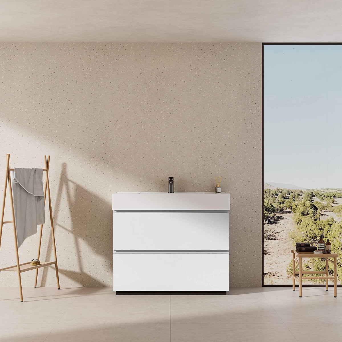 Mobile bagno a Terra 80 cm Bianco Lavabo in Resina Senza Specchio - Nube Paint