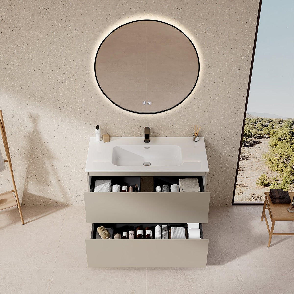 Mobile bagno a Terra 80 cm Grigio Cenere Lavabo in Ceramica Specchio Tondo Retroilluminato Profilo Nero - Nube Paint