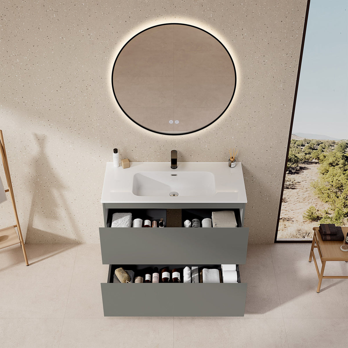 Mobile bagno a Terra 80 cm Grigio Londra Lavabo in Ceramica Specchio Tondo Retroilluminato Profilo Nero - Nube Paint