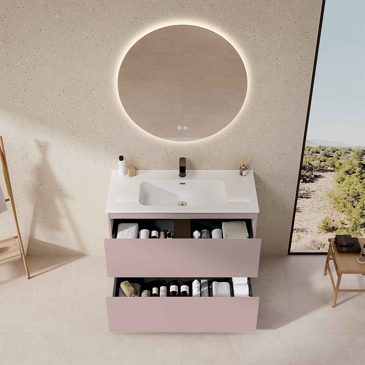 Mobile bagno a Terra 80 cm Rosa Retrò Lavabo in Ceramica Specchio Quadro - Nube Paint