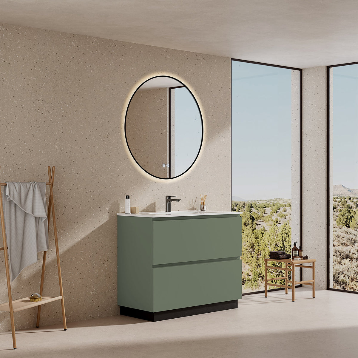 Mobile bagno a Terra 80 cm Verde Salvia Lavabo in Ceramica Specchio Tondo Retroilluminato Profilo Nero - Nube Paint