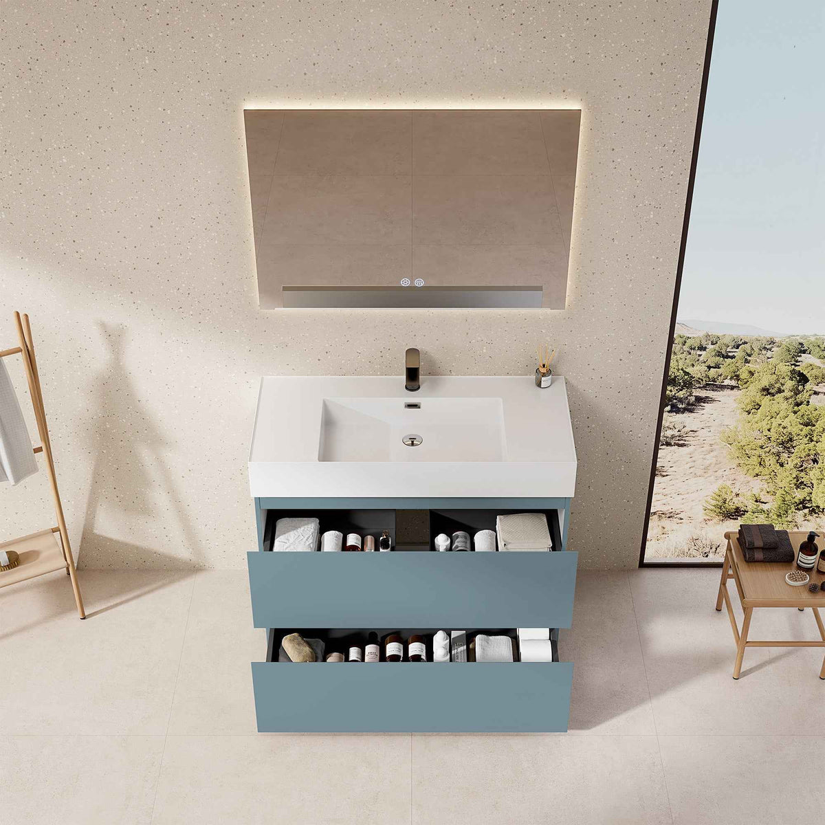 Mobile bagno a Terra 100 cm Blu Avio Lavabo in Resina Specchio Quadro Retroilluminato - Nube Paint