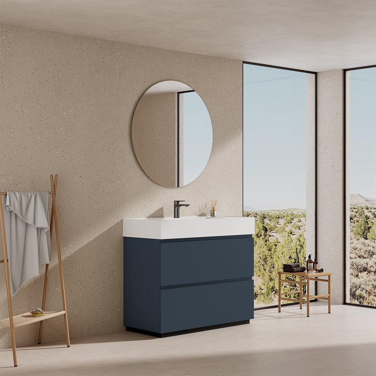 Mobile bagno a Terra 100 cm Blu Mare Lavabo in Resina Specchio Tondo - Nube Paint