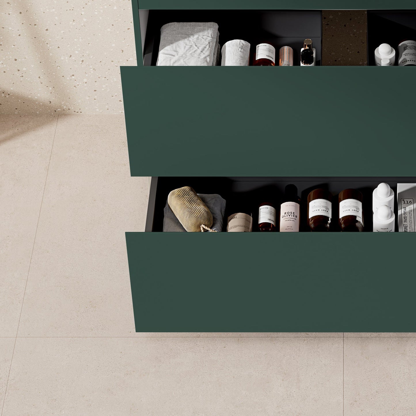 Mobile bagno a terra Verde Comodoro 100 cm con cassetti aperti e contenuti all'interno.