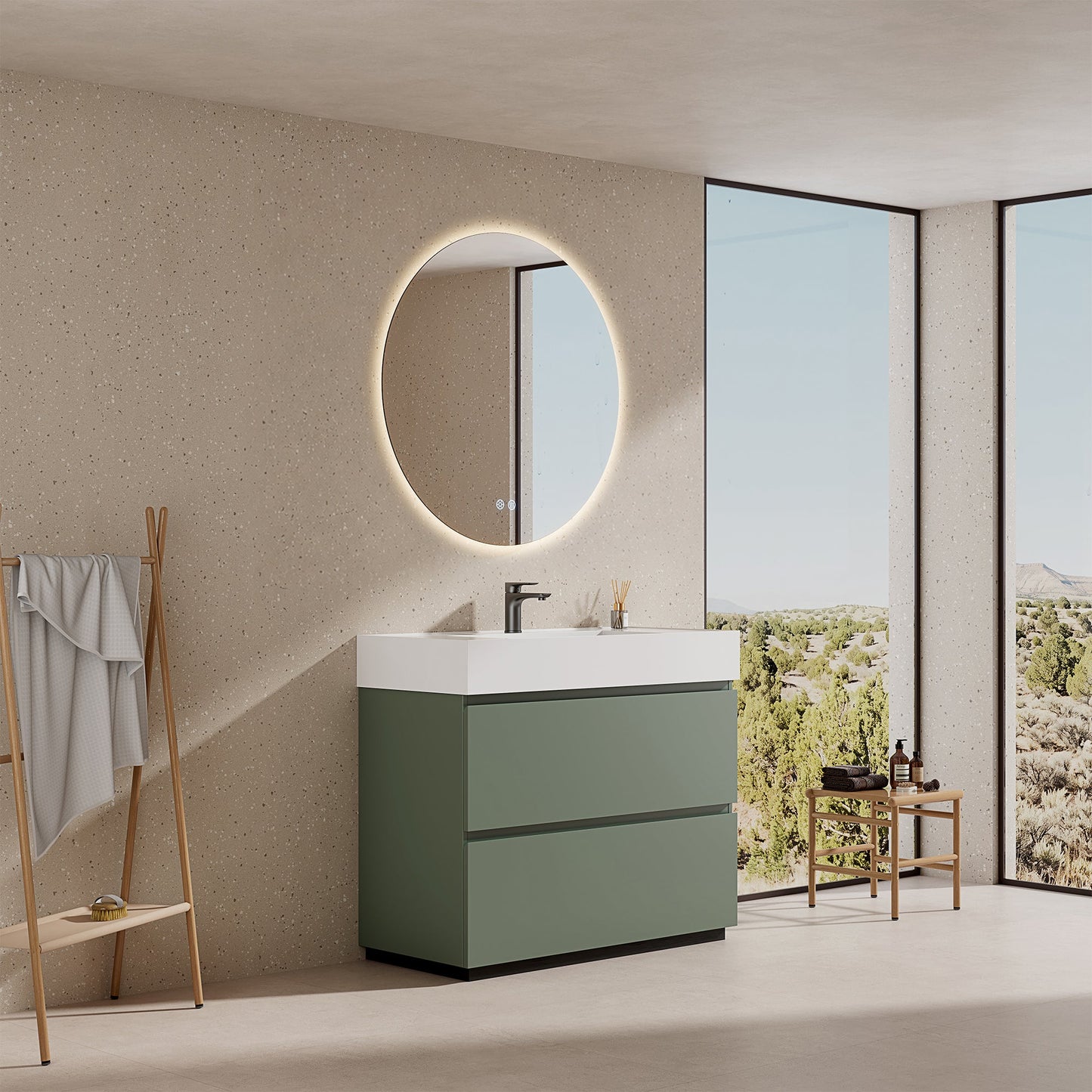 Mobile bagno a terra verde salvia con lavabo in resina e specchio rotondo - Nube Paint.