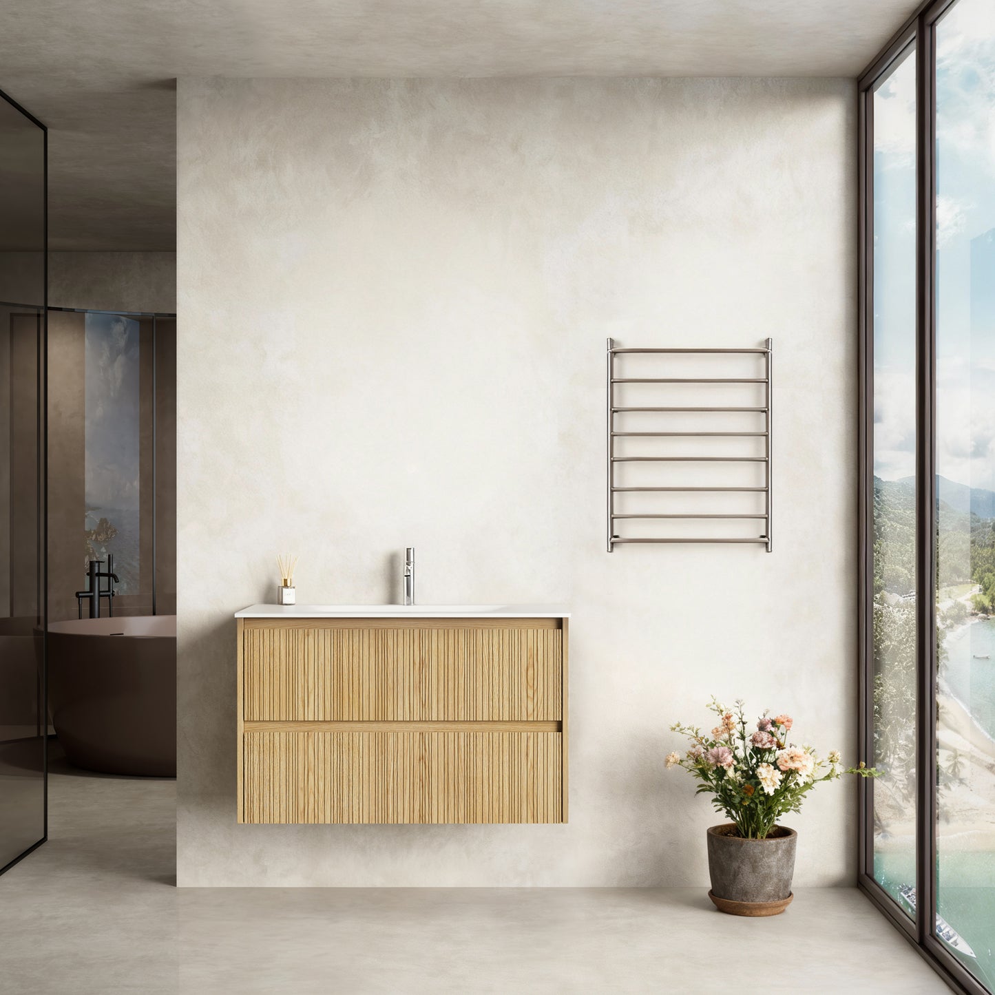 Mobile Bagno Sospeso 90 cm Rovere Chiaro Senza Specchio - Pace Plus