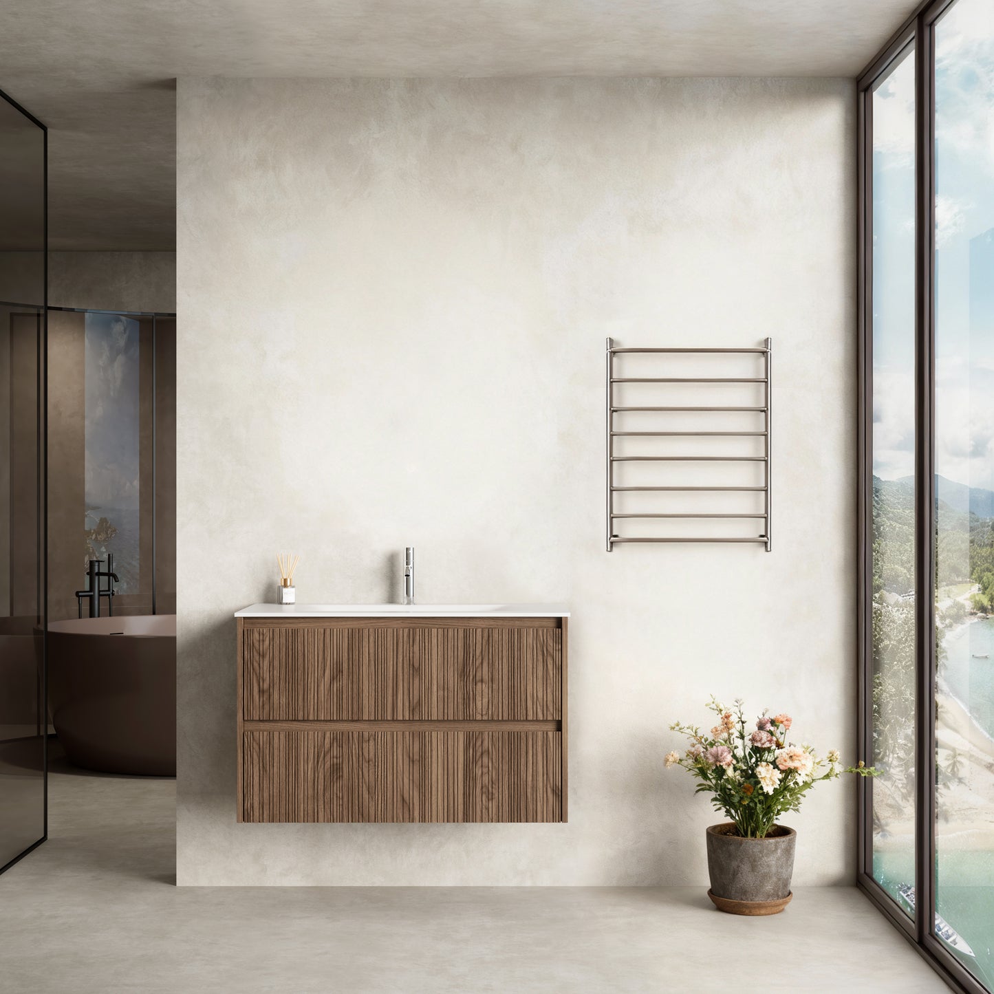 Mobile Bagno Sospeso 90 cm Rovere Scuro Senza Specchio - Pace Plus